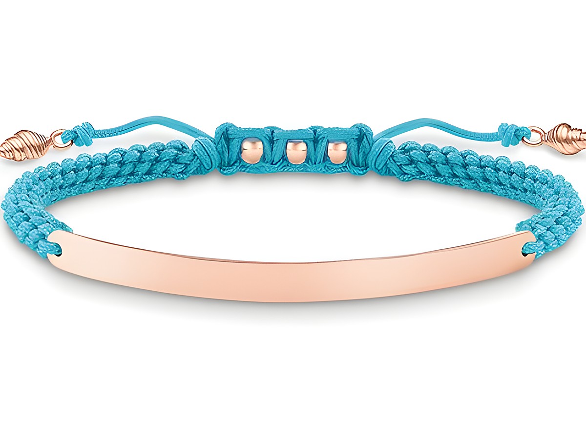 Makramee Armband in Blau mit rosevergoldetem, schlichten Anhänger aus Silber, einstellbar von 15 bis 21 cm, hergestellt von Thomas Sabo, Modell LBA0062-597-1-L21v.