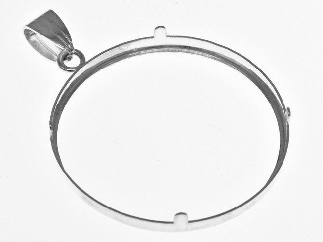 Münzfassung Anhänger aus diamantiertem 925 Sterling Silber für Münzen mit einem maximalen Durchmesser von 34 mm, hergestellt von Juwelier Harnisch, passend bis 3,5 cm Münzen.