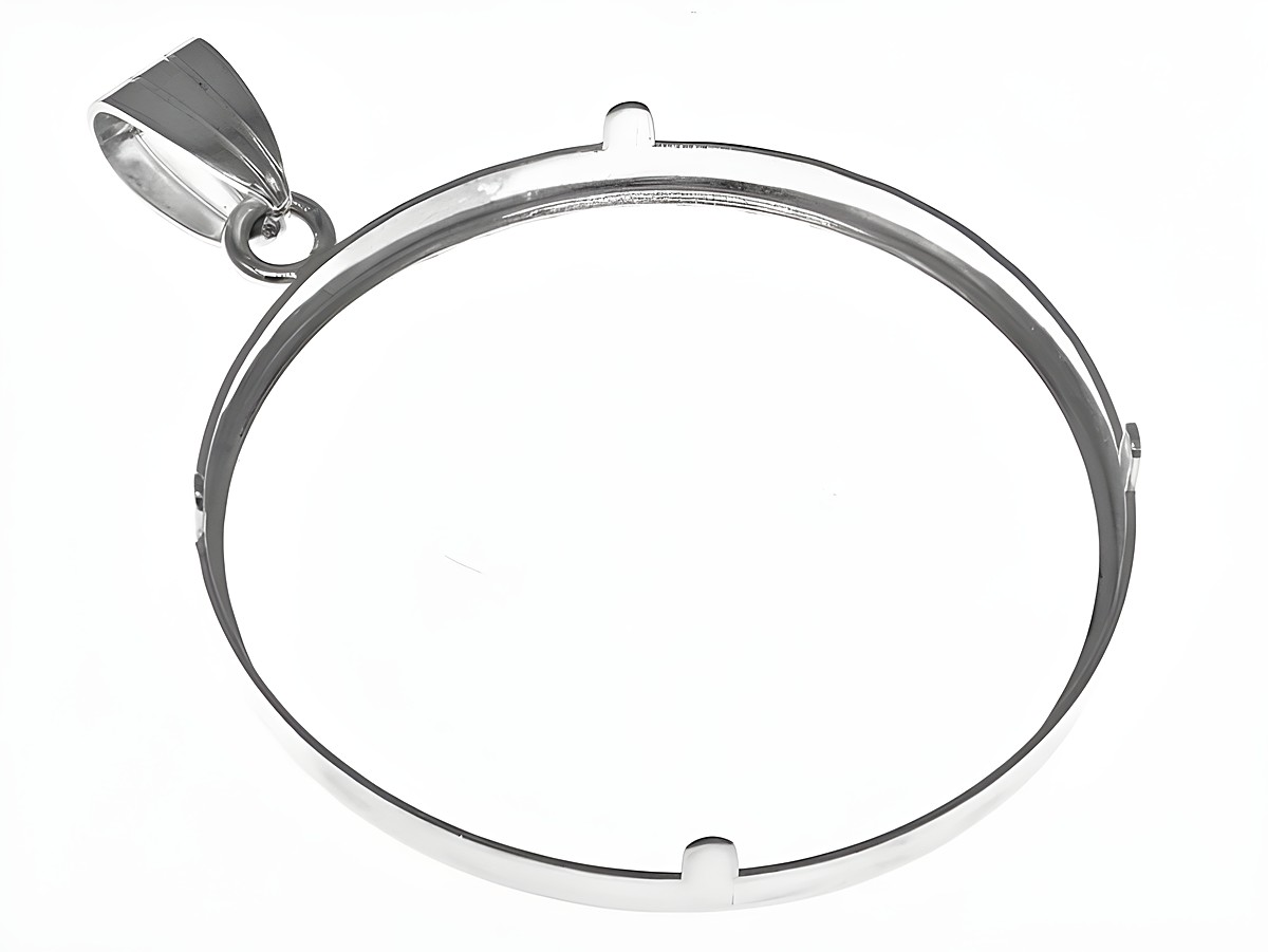 Münzfassung Anhänger aus diamantiertem 925 Sterling Silber für Münzen mit einem maximalen Durchmesser von 34 mm, hergestellt von Juwelier Harnisch, passend bis 3,5 cm Münzen. – Ansicht 3