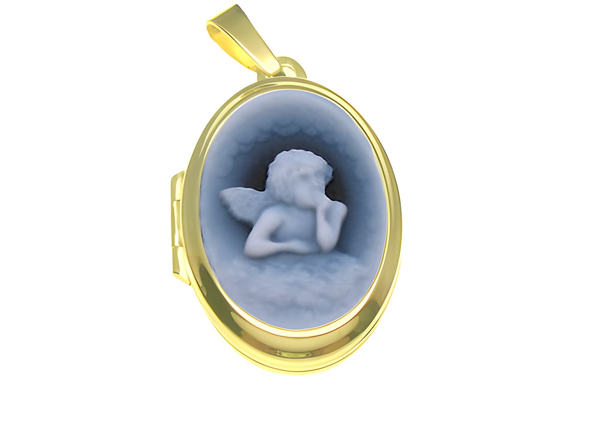Ein ovales Medaillon aus Gold 333 mit einem Schutzengel-Motiv in Achat-Gemme, der ein kindliches Engelchen zeigt, das in nachdenklicher Pose sitzt. Ideal als Schmuckstück von Juwelier Harnisch.