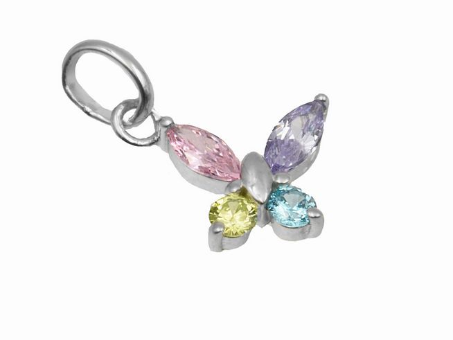 Schmetterlingsanhänger aus 925 Sterling Silber, poliert und rhodiniert, mit bunten Zirkonia in Pink, Gelb, Blau und Lila, ideal für Kinder, Hersteller Juwelier Harnisch.