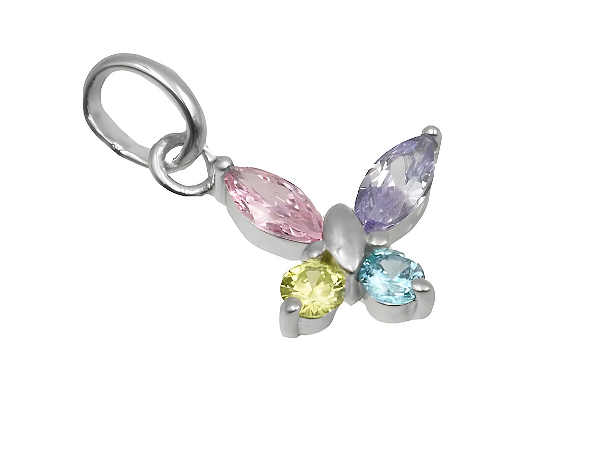 Schmetterlingsanhänger aus 925 Sterling Silber, poliert und rhodiniert, mit bunten Zirkonia in Pink, Gelb, Blau und Lila, ideal für Kinder, Hersteller Juwelier Harnisch.