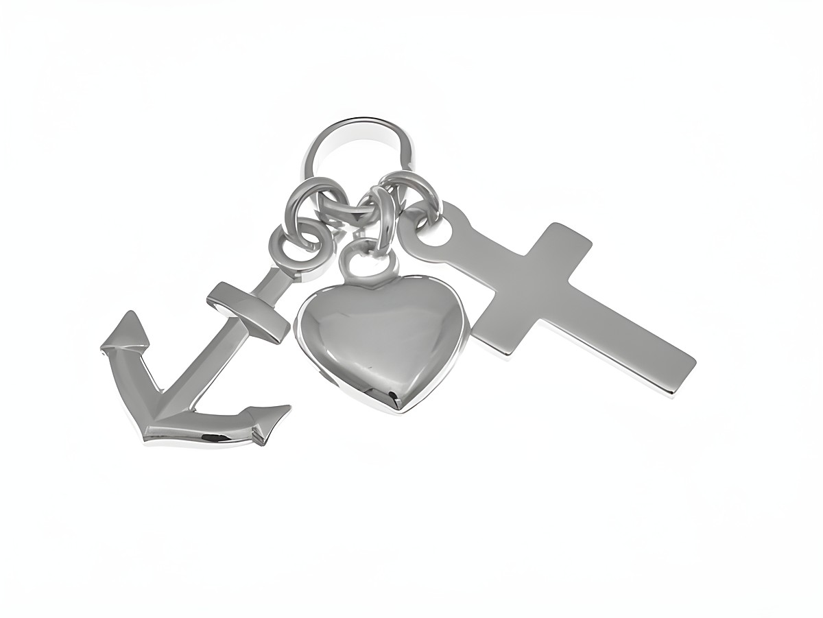 Anhänger aus 585er Weißgold mit den Symbolen Glaube, Liebe und Hoffnung in Form eines Kreuzes, eines Herzens und eines Ankers, hergestellt von Juwelier Harnisch, idealer Glücksbringer.