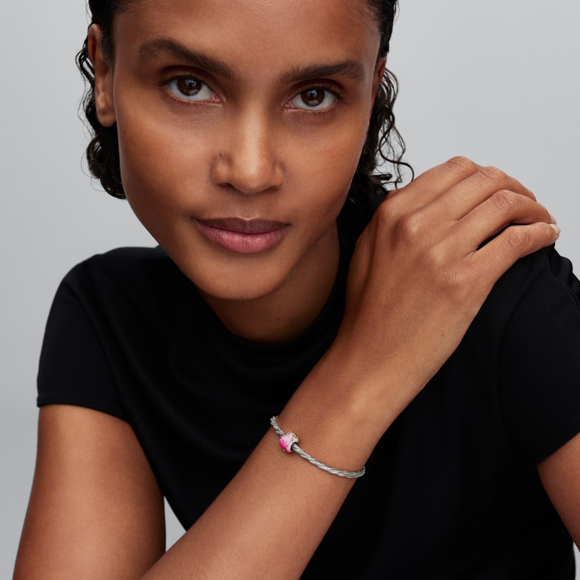 Pandora Rosafarbene Tulpe - Charm - Silber & Gelbgold Vergoldung - Emaille - Kristall – Ansicht 5
