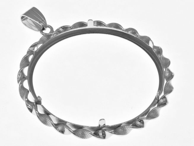 Münzfassung Anhänger aus 925 Sterling Silber rhodiniert, durchmesser bis 40 mm für Münzen, mit dekorativen Kordelstruktur und stabiler Schlaufe, Hersteller Juwelier Harnisch.