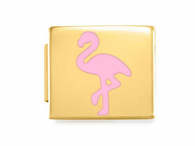 Edelstahl Charm von Nomination mit Emaille in Gelbgold, verziert mit einem pinken Flamingo-Motiv. Ideal für individuelle Schmuckkreationen und Accessoires.