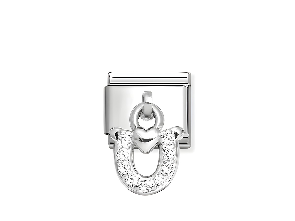 Charms von Nomination 331800 32 Classic mit einem Hufeisen aus Sterling Silber und Edelstahl, besetzt mit weißen Zirkonia, elegantem Design und Herzdetails.
