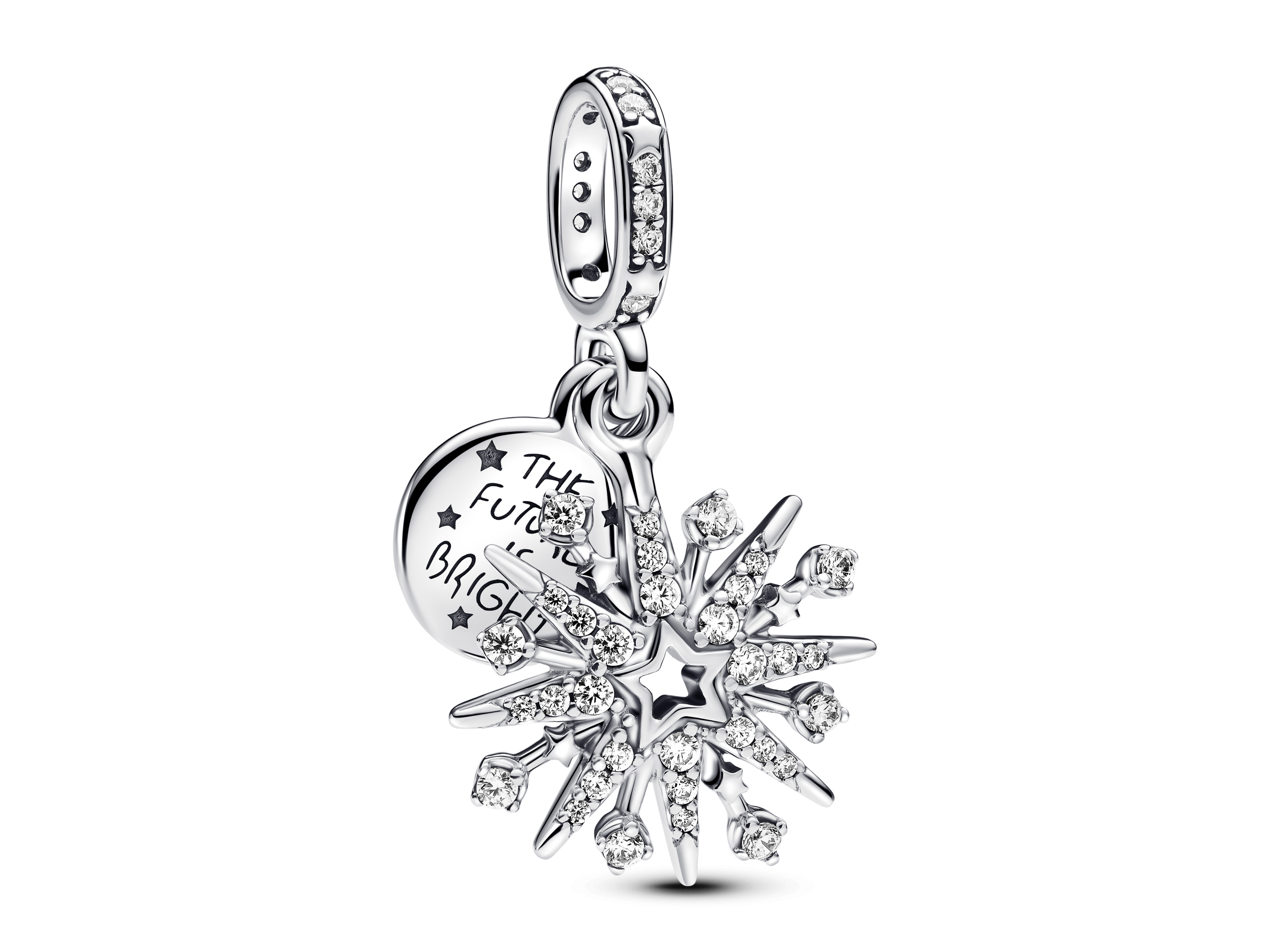 Pandora charm 793512C01 in Form eines Sterns aus Silber mit klaren Zirkonia, verziert mit einem Anhänger, der eine positive Botschaft trägt.