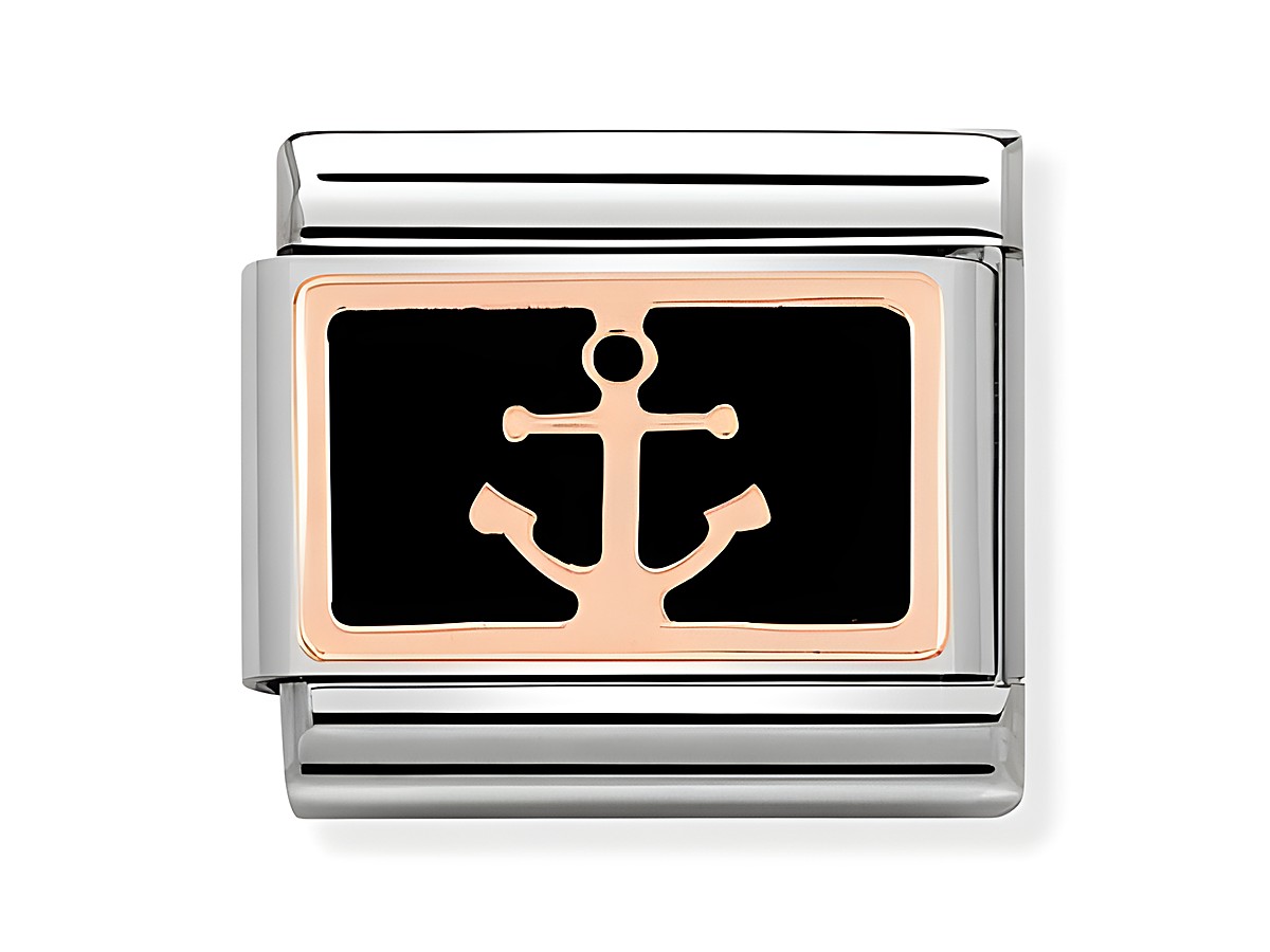 Armbandglied aus Edelstahl mit schwarzer Emaille und einem Anker in Roségold, Modell von Nomination Classic, Artikelnummer 430201 18, für stilbewusste Accessoires.