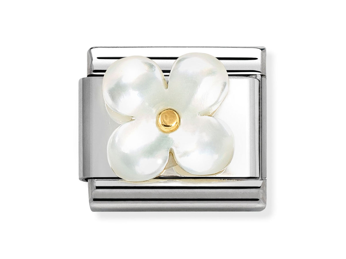 Edelsteinmsymbol von Nomination im klassischen Stil aus 585 Gelbgold und einem Blumenmotiv aus Perlmutt, elegant und verspielt gestaltet, ideal für modische Akzente.