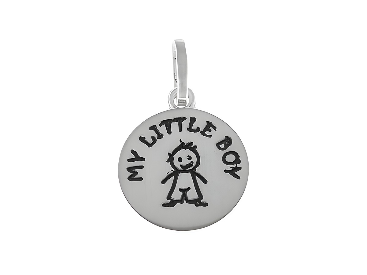 Anhänger My little Boy aus 925 Sterling Silber mit einer skizzierten Figur eines Jungen und der Aufschrift My little Boy, Hersteller Juwelier Harnisch, als Glücksbringer.