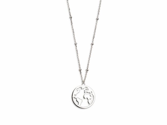Xenox Sterling Silber Kette XS2985 mit einer Länge von 40-45 cm zeigt eine filigrane Ankerkette mit einem Weltkugel-Anhänger, ideal für Abenteuerlustige und Reisende.