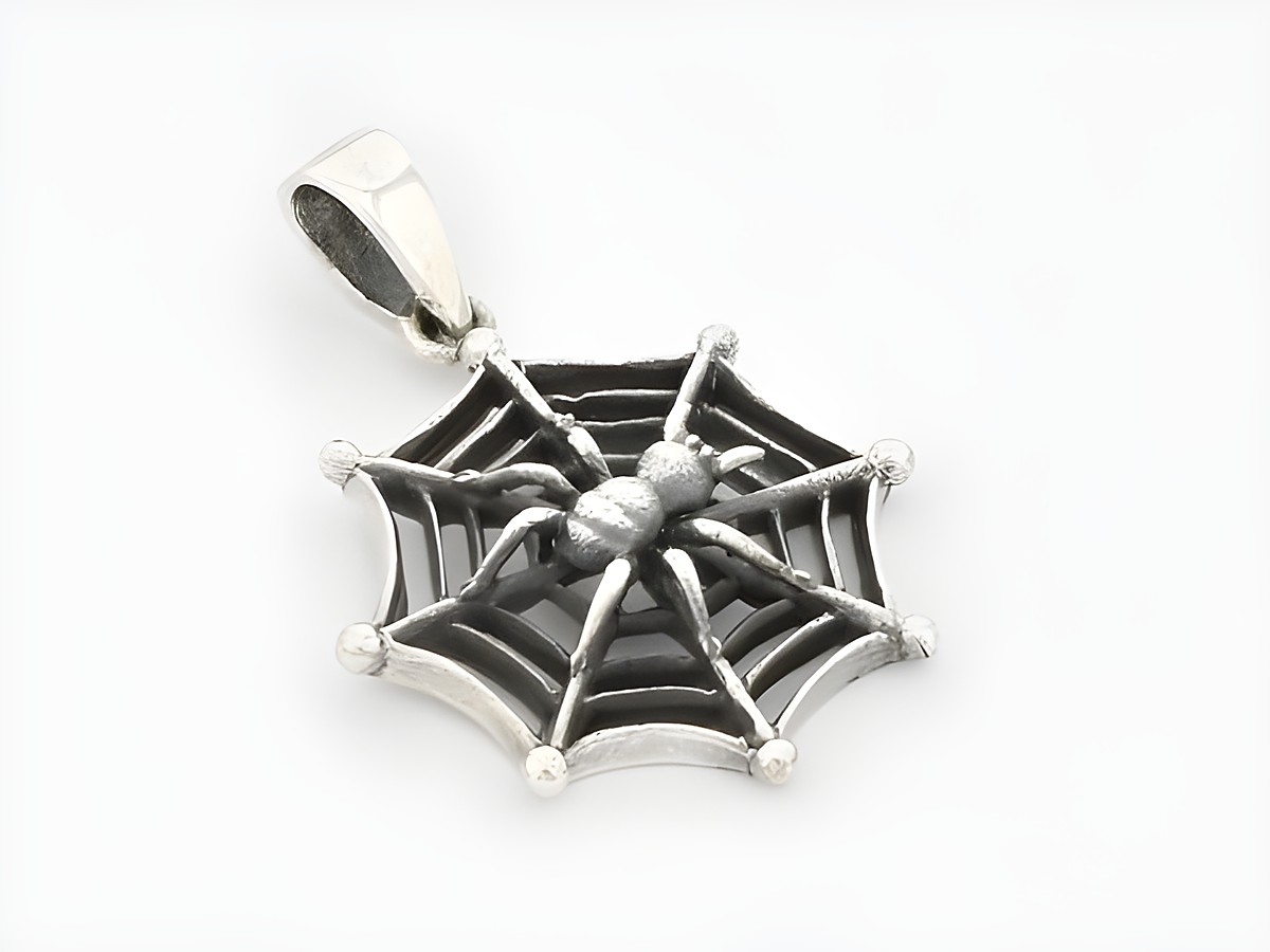 Anhänger in Form eines Spinnennetzes mit einer Spinne, aus Sterling Silber, mystisch gestaltet, hergestellt von Juwelier Harnisch, ideal als Tiermotiv.