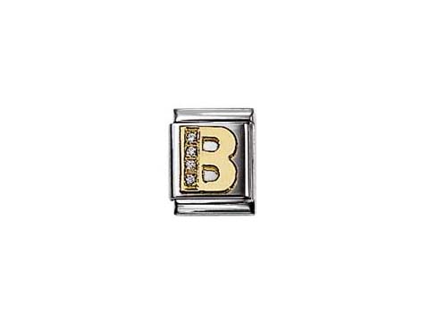 NOMINATION BIG BUCHSTABE B 032301 02, Hersteller: Nomination, Buchstaben Zirkonia, goldfarbener Buchstabe B mit Zirkonia auf silbernem Hintergrund für Armbänder.