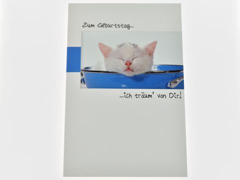Geburtstagskarte mit einem süßen Kätzchen, das mit geschlossenen Augen in einem blauen Topf sitzt. Oben steht "Zum Geburtstag..." und unten "...ich träum' von Dir!" Hersteller: Juwelier Harnisch.