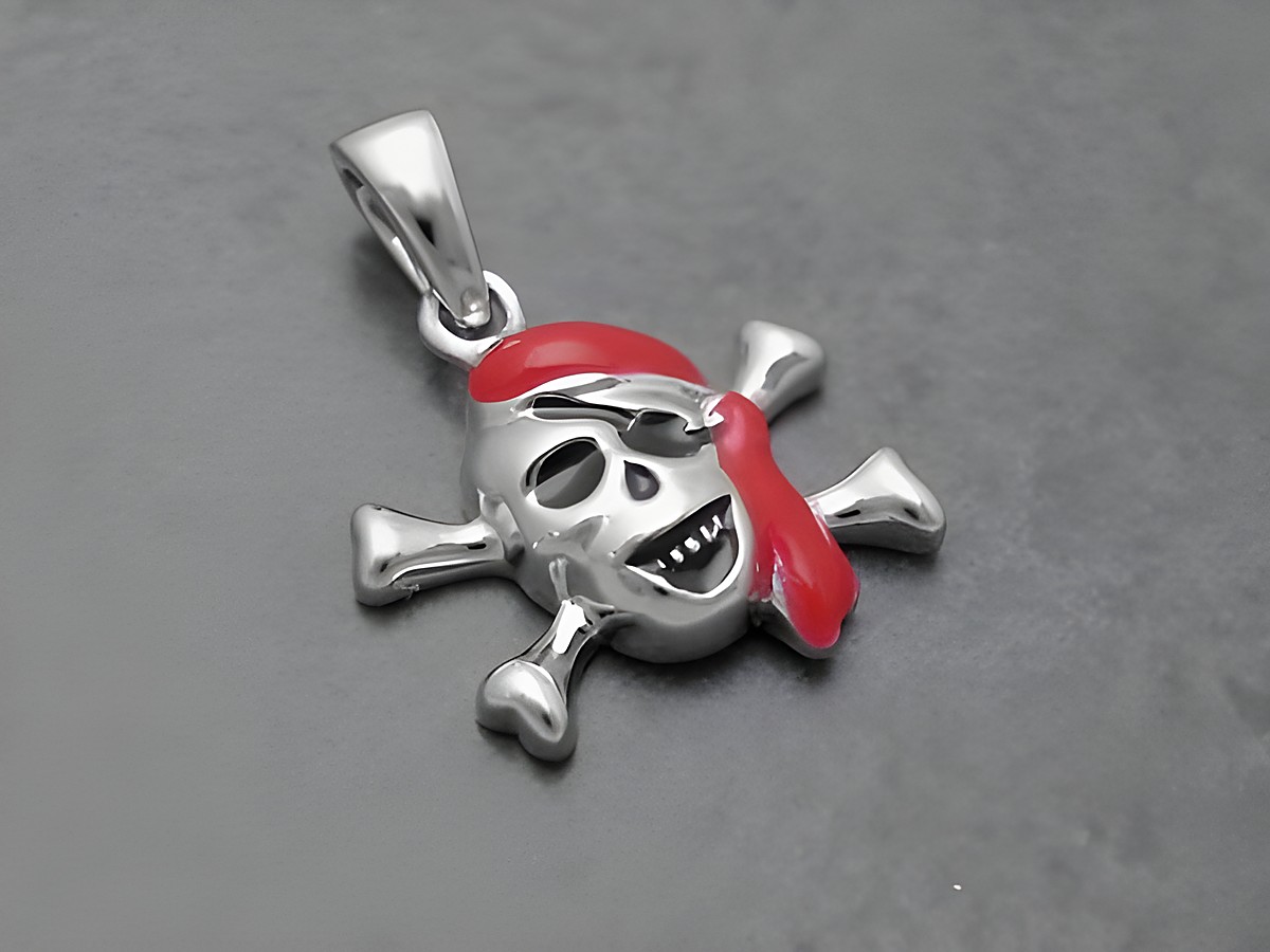 Totenkopf lackiert - Sterling Silber Anhänger - Lack Rot-Schwarz, Hersteller: Juwelier Harnisch, für Kinder. Der Anhänger zeigt einen fröhlichen Totenkopf mit rotem Kopftuch und gekreuzten Knochen.