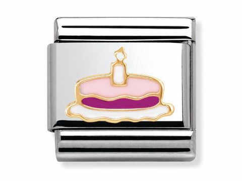 Eine klassische Geburtstagstorte mit Kerze in rosa und lila Tönen auf einem silbernen Untergrund, hochwertig verarbeitet von Nomination, für besondere Anlässe.