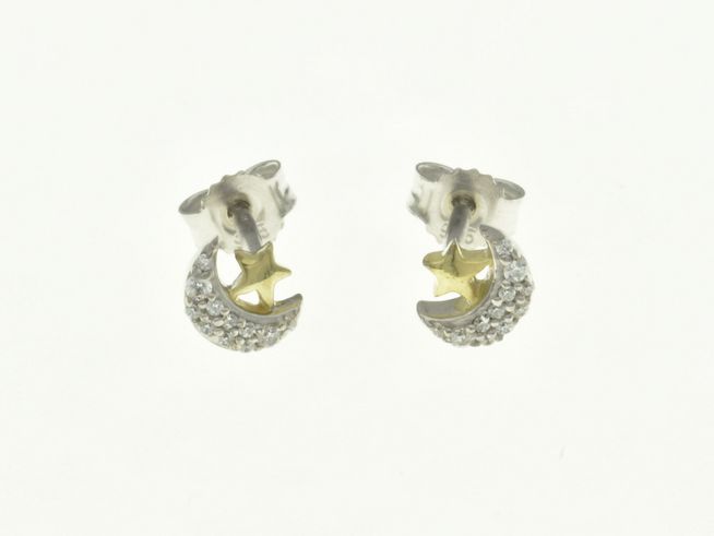 Mond und Stern Ohrstecker aus Sterling Silber Bicolor rhodiniert mit Zirkonia für Kinder, gefertigt vom Juwelier Harnisch, elegante und verspielte Schmuckstücke.
