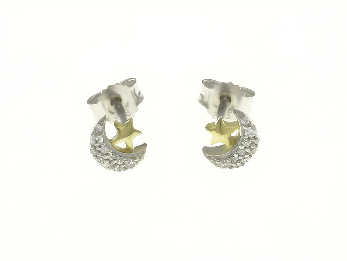 Mond und Stern Ohrstecker aus Sterling Silber Bicolor rhodiniert mit Zirkonia für Kinder, gefertigt vom Juwelier Harnisch, elegante und verspielte Schmuckstücke.