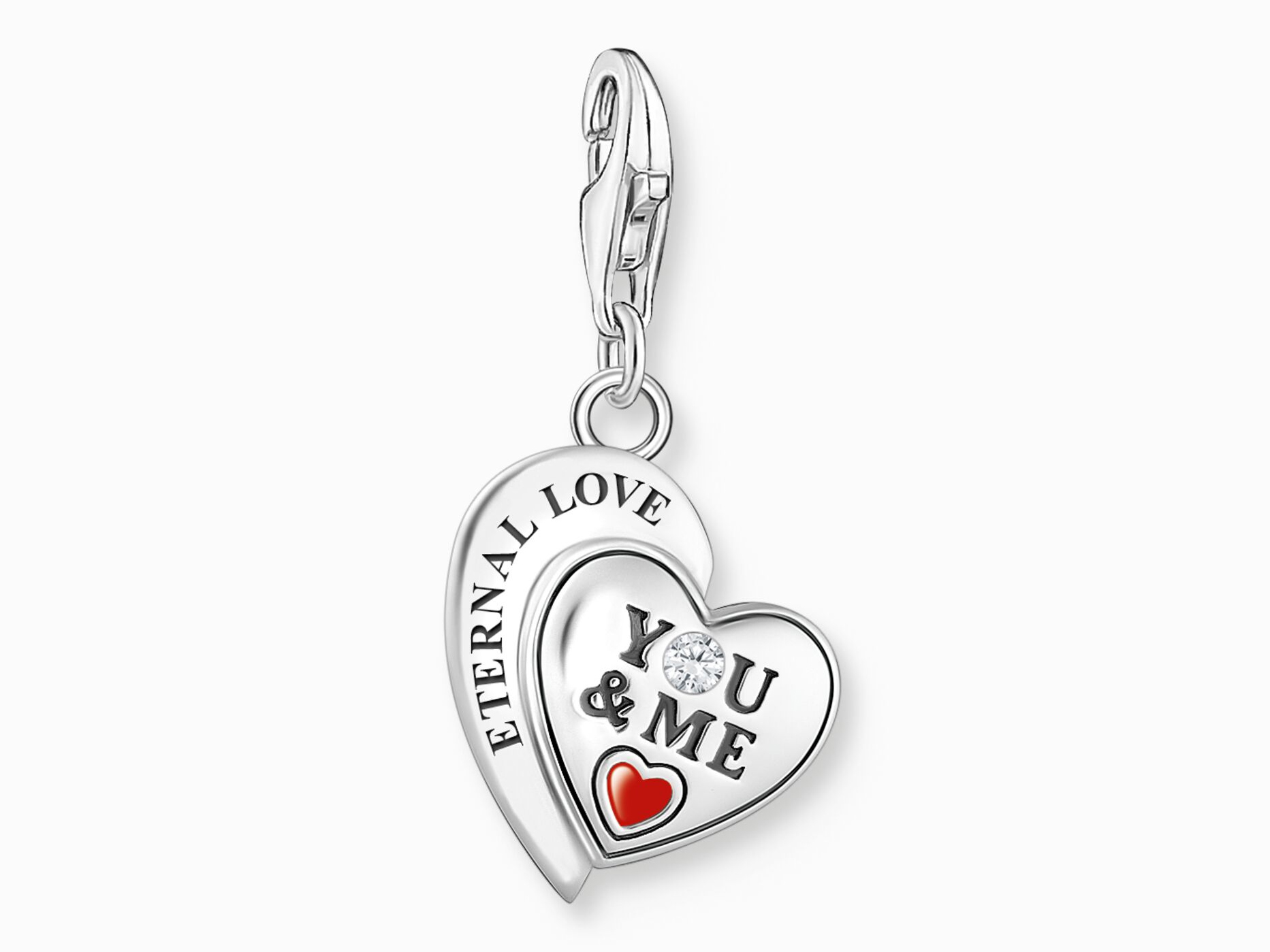 Thomas Sabo 2108-691-21 Charm-Anhänger - You & Me - nur 1 Hälfte Charm-Anhänger von Thomas Sabo in Herzform mit der Gravur You & Me und dem Text Eternal Love, verziert mit einem roten Herz und einem funkelnden Stein, Neuheiten.