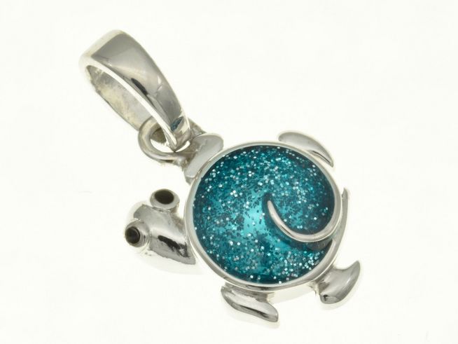 Schildkröte Anhänger aus rhodiniertem Sterling Silber mit funkelndem blauen Lack, ideal für Kinder, Hersteller Juwelier Harnisch.