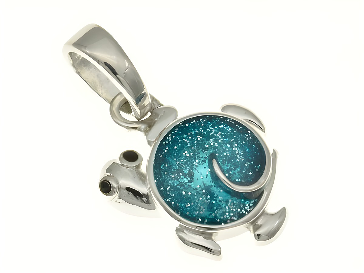 Schildkröte Anhänger aus rhodiniertem Sterling Silber mit funkelndem blauen Lack, ideal für Kinder, Hersteller Juwelier Harnisch.