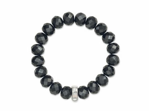 Charmträger Armband von Thomas Sabo in Silber mit obsidianfarbenen, facettierten Perlen, Umfang 14 cm bis 16 cm, elegantes Design für individuellen Schmuck.