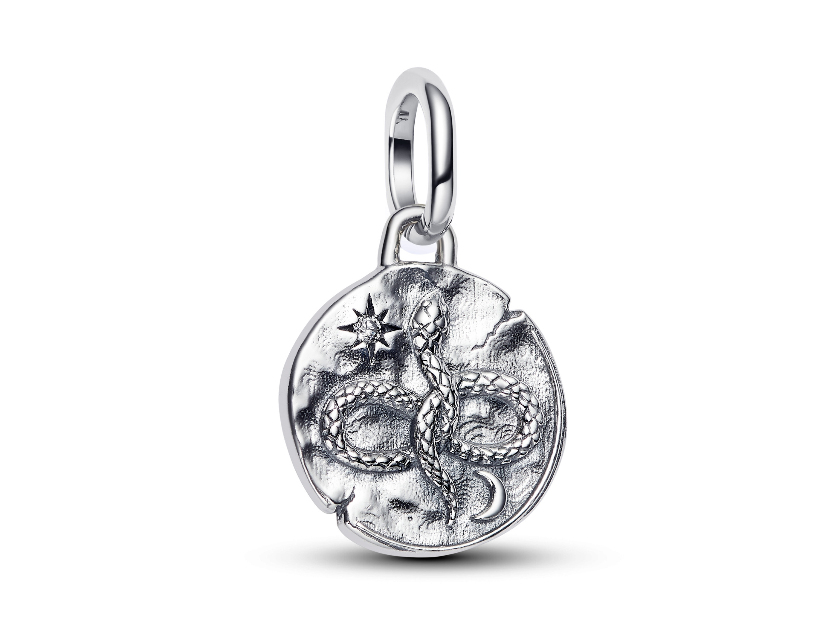 Schöner Pandora Me Charm Anhänger aus Sterling Silber in Form eines Unendlichkeitssymbols mit einer Schlange, verziert mit Zirkonia, ideal für persönliche Schmuckkollektionen.