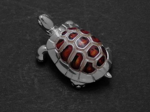 Silberne Figur einer Schildkröte in rotbraunen Farbnuancen, emailliert, hergestellt von Juwelier Harnisch, Echtsilber-Figur, kunstvolles Design.