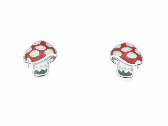 Silber Ohrstecker in Fliegenpilz-Design, rot-weiß-dunkelgrün lackiert, für Kinder, Hersteller Juwelier Harnisch, goldig und verspielt.
