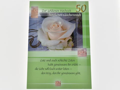 Hochzeitskarte mit rosafarbener Rose, hergestellt von Juwelier Harnisch, zur goldenen Hochzeit, mit herzlichen Glückwünschen und einem poetischen Text über die Liebe.