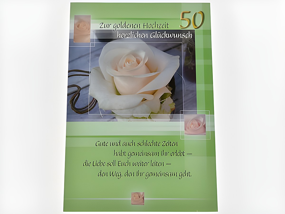Hochzeitskarte mit rosafarbener Rose, hergestellt von Juwelier Harnisch, zur goldenen Hochzeit, mit herzlichen Glückwünschen und einem poetischen Text über die Liebe.