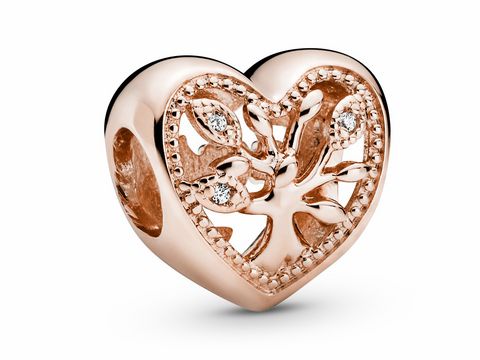 Pandora ROSE Charm mit der Artikelnummer 788826C01 in Herzform, versehen mit einem Stammbaum-Design und Zirkonia-Details, aus roségoldfarbener Metalllegierung.