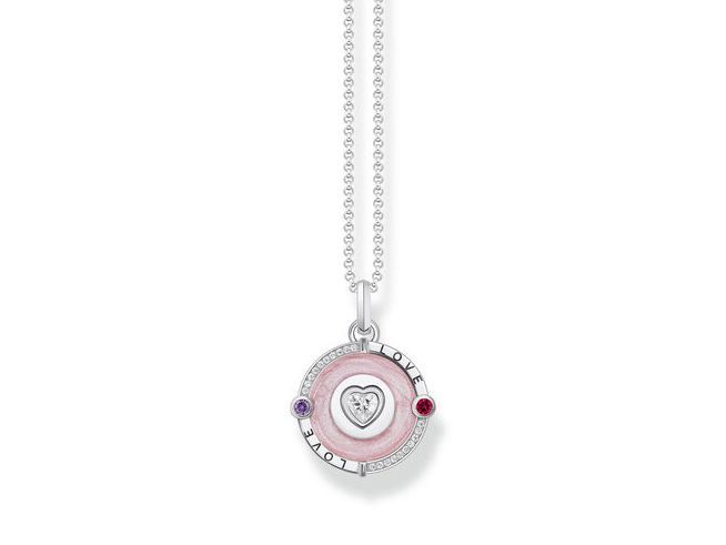 Elegante Thomas Sabo Kette mit einem Anhänger in Silber und Emaille, verziert mit rosa-pinkem Design, synthetischen Korund und Zirkonia, Länge 40 bis 45 cm.