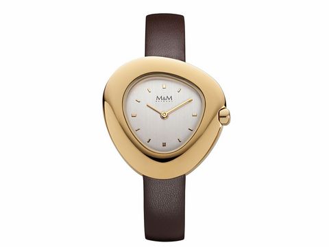 200074-0 M&M Damenuhr M11924-532 PEBBLES mit einem eleganten, goldfarbenen Gehäuse und einem weißen Ziffernblatt, ausgestattet mit einem dunkelbraunen Lederband von M&M Uhren.