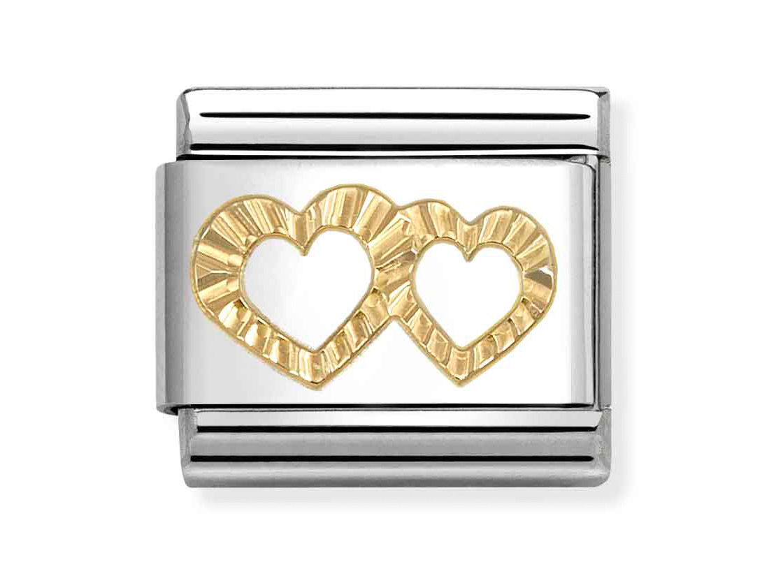 Zwei diamantierte Herzen in Classic Gold und Emaille, eingelegt in einem silbernen Rahmen, von der Marke Pandora, präsentiert als Teil der Neuheiten, Modellnummer 030149 64.