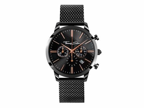 41608850-0 Elegante Herrenuhr von Thomas Sabo, Modell WA0247-202-203, mit schwarzem Zifferblatt, goldenen Akzenten und einem klassischen Milanaise-Armband, Chronographenfunktion und Datumsanzeige.