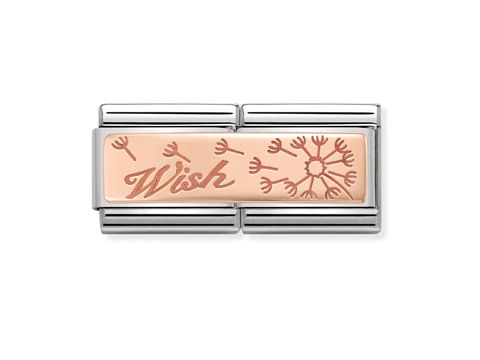 Roségoldenes Charm mit der Aufschrift Wish und zarten Löwenzahn-Pusteblumen, gefertigt von Nomination, Double. Ideal für individuelle Armbänder und stilvolle Akzente.