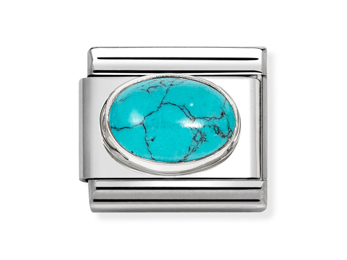 Edelstein in ovaler Form aus Türkis in einer glänzenden Fassung aus Sterling Silber, das Design wirkt elegant und modern, ideal für Schmuckliebhaber.