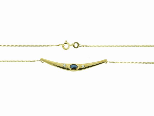 Collier mit Mittelteil aus Gold 333, verziert mit einem tiefblauen Safir und zwei Brillanten, Länge 41 cm, Hersteller Juwelier Harnisch, elegantes und stilvolles Schmuckstück.
