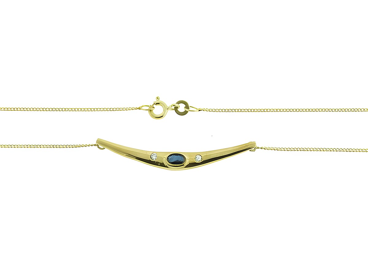 Collier mit Mittelteil aus Gold 333, verziert mit einem tiefblauen Safir und zwei Brillanten, Länge 41 cm, Hersteller Juwelier Harnisch, elegantes und stilvolles Schmuckstück.