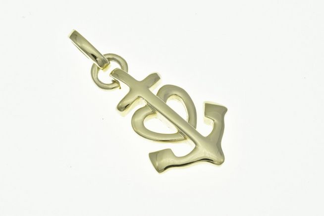 Ein moderner Glaube Liebe Hoffnung Anhänger aus Sterling Silber in Gelbgoldoptik, gestaltet als Ankerkreuz, gefertigt vom Juwelier Harnisch, ideal für maritime Liebhaber.