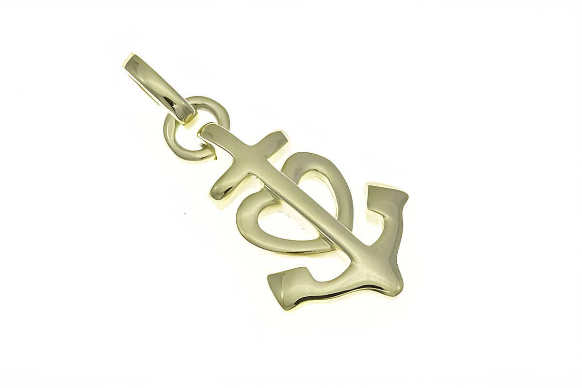 Ein moderner Glaube Liebe Hoffnung Anhänger aus Sterling Silber in Gelbgoldoptik, gestaltet als Ankerkreuz, gefertigt vom Juwelier Harnisch, ideal für maritime Liebhaber.