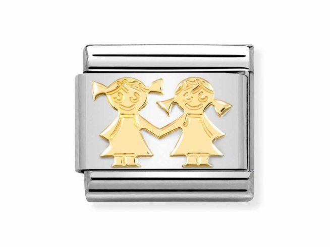 Edelstahl Charm mit goldenen Schwestern, die Händchen haltend dargestellt sind, für individuelle Armbänder, Hersteller Nomination, Modellnummer 030162 67 Classic.