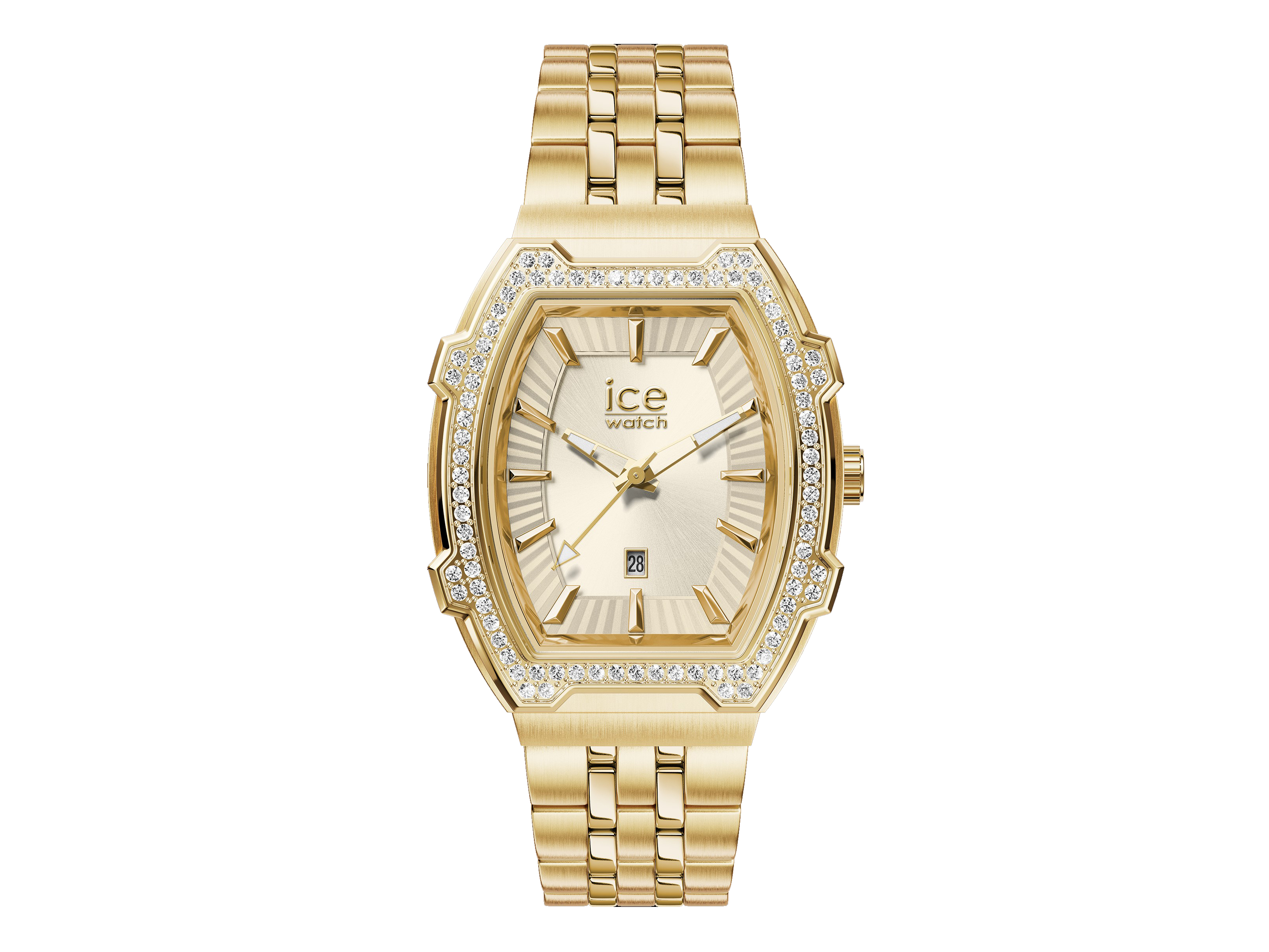 Die Ice Watch 024553 ICE boliday Uhr in Gold und Weiß ist in einem eleganten Design mit einem glänzenden Ziffernblatt und funkelnden Akzenten gefertigt, ideal für stilbewusste Träger.