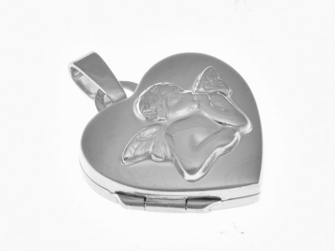 Medaillon in Herzform aus Sterling Silber, rhodiniert und teilmattiert, mit himmlischem Engel-Motiv, Hersteller Juwelier Harnisch, ideal für liebevolle Erinnerungen.