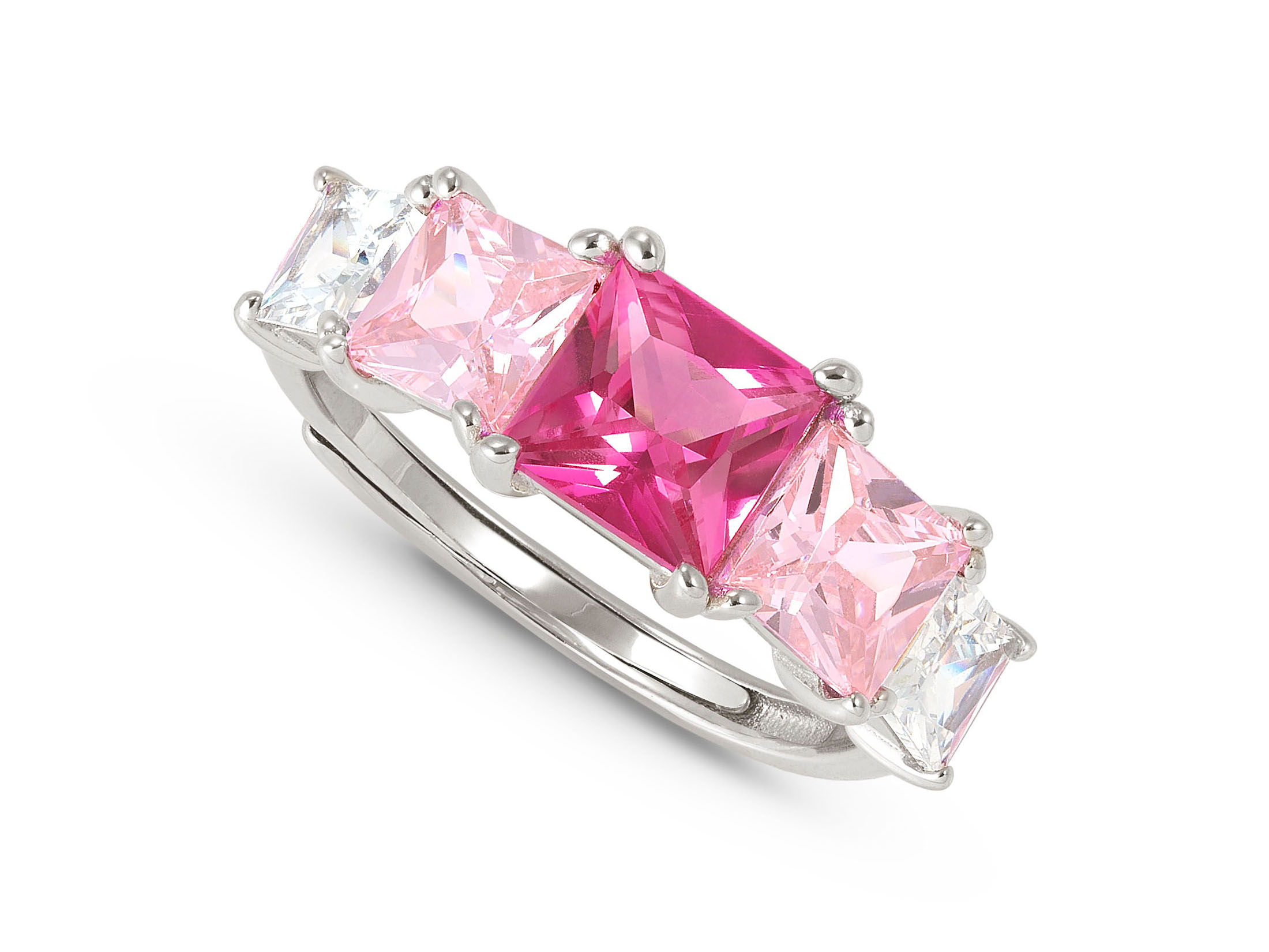 Nomination 242100 03 DAYTONIGHT Ring aus Sterling Silber - Zirkonia besetzt - Rosa - Gr. 51-59 verstellbar Der Ring aus Sterling Silber präsentiert sich mit vier funkelnden Zirkonia-Steinen in Rosatönen sowie einem klaren Stein, verstellbar in Größe 51 bis 59, von Nomination.