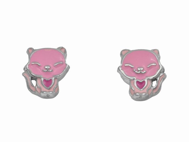 Ohrstecker Katze aus 925 Sterling Silber, poliert und rhodiniert, in Form einer süßen, lächelnden Katze mit einem rosa Herzen, geeignet für Kinder, Hersteller Juwelier Harnisch.
