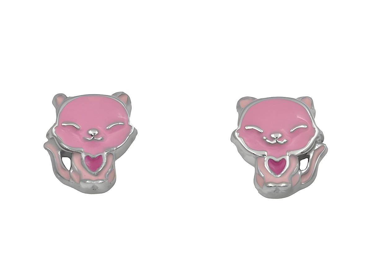 Ohrstecker Katze aus 925 Sterling Silber, poliert und rhodiniert, in Form einer süßen, lächelnden Katze mit einem rosa Herzen, geeignet für Kinder, Hersteller Juwelier Harnisch.