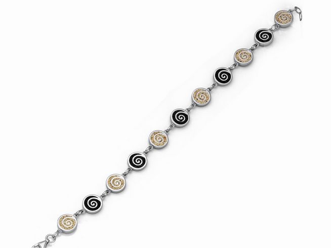 DUR Armband Spirale 2.0 in Sterling Silber zeigt eine ansprechende Abfolge von schwarzen und goldenen Spiralen, perfekt geeignet für einen Handgelenkumfang von 16,5 cm bis 19,5 cm.